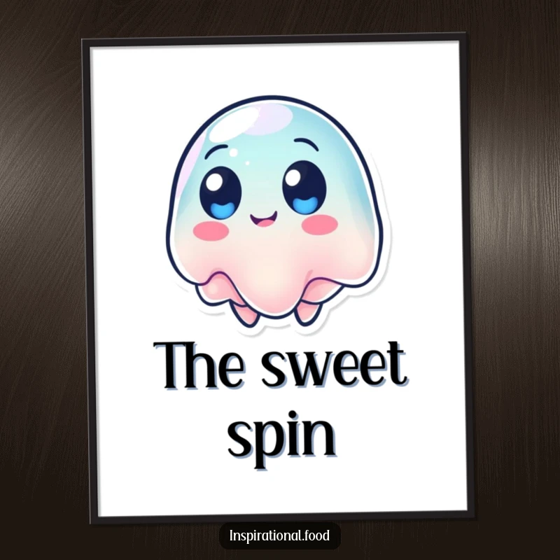 Funny digital art print of a wobbling jelly character with round eyes, spinning around with playful energy.