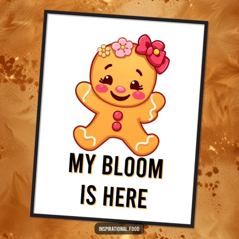 Funny gingerbread man character digital art, holding a colorful flower with a wide grin, ideal for printable wall art, conveying humor and sweetness.