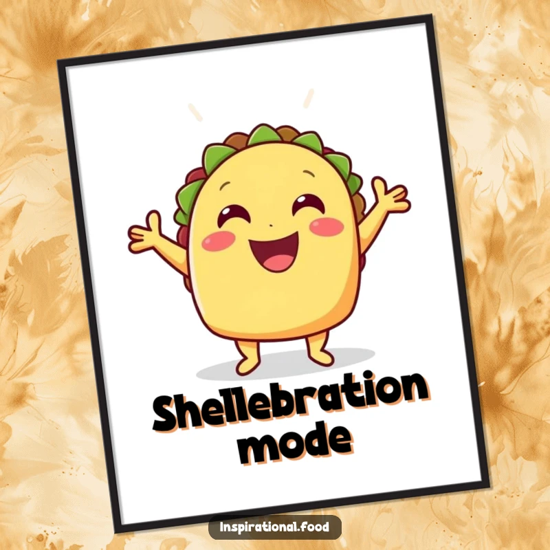 Funny cheerful taco in a proud celebratory pose with its shell open wide, a digital art print full of fiesta.