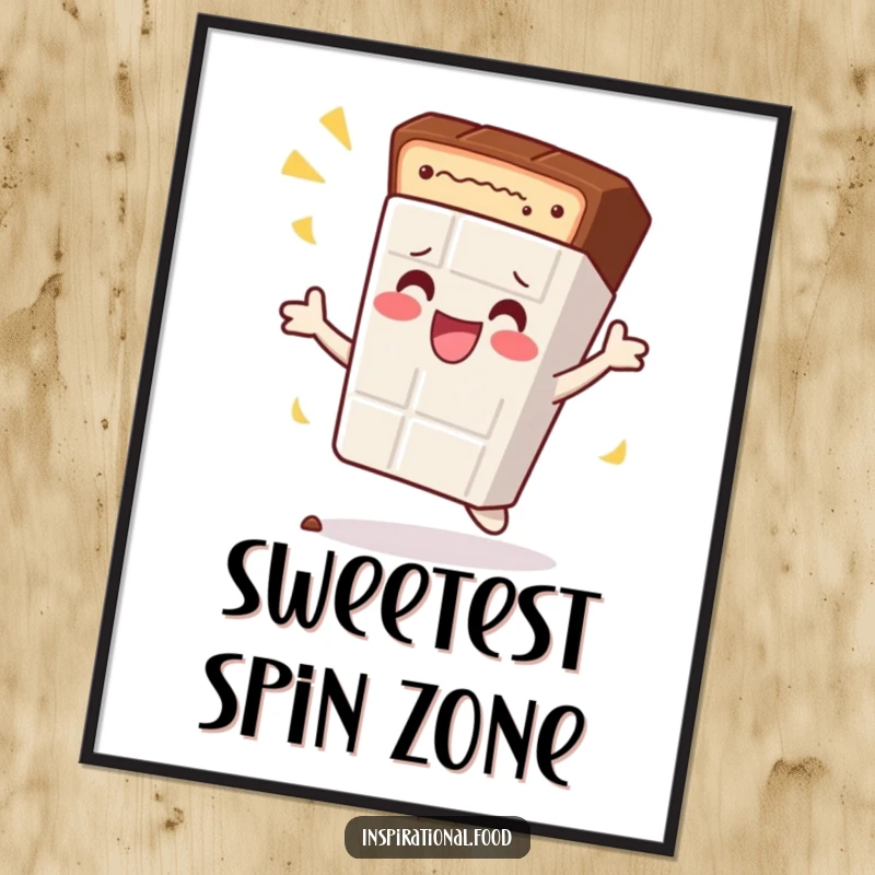 Funny digital art print of a content chocolate bar character doing a celebratory spin, bringing sweet, humorous vibes instantly.