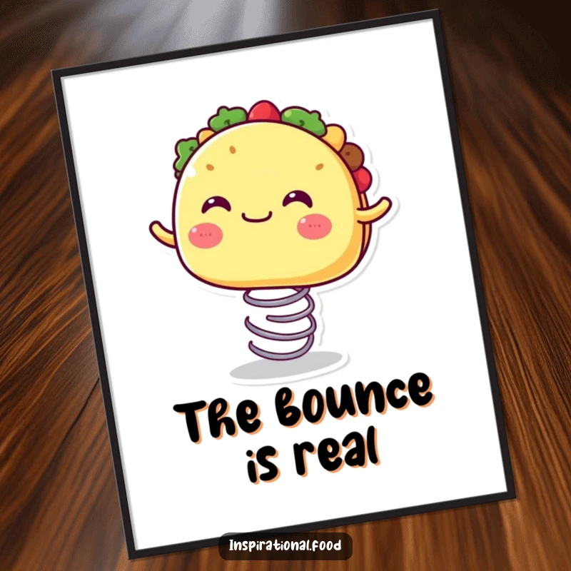Funny digital art print of a joyful taco character with a wide mouth, bouncing on a spring, adding cheer.