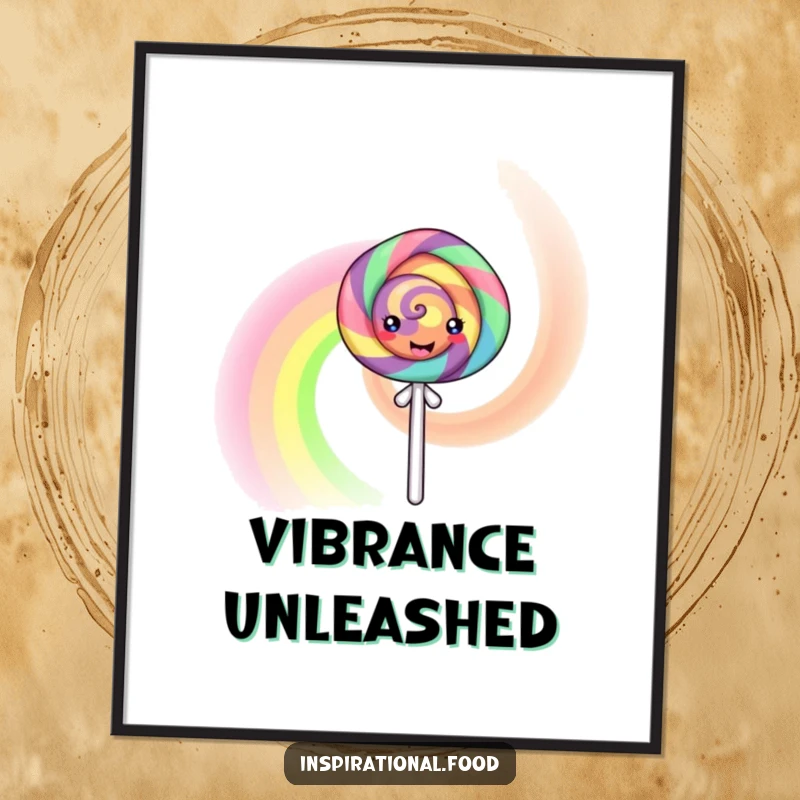 Funny Digital Art Print of a happy lollipop character generating a mesmerizing swirling rainbow, perfect for adding instant cheer to any digital space.