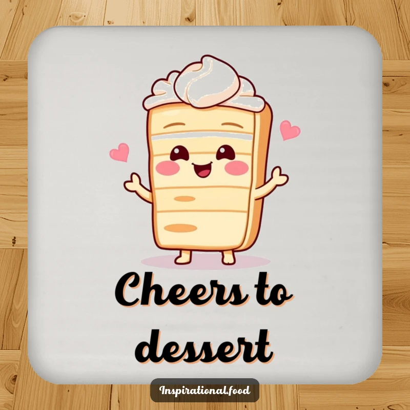 Funny drink coaster with a giggling cake character sharing a recipe, protecting surfaces with a sweet and humorous design.