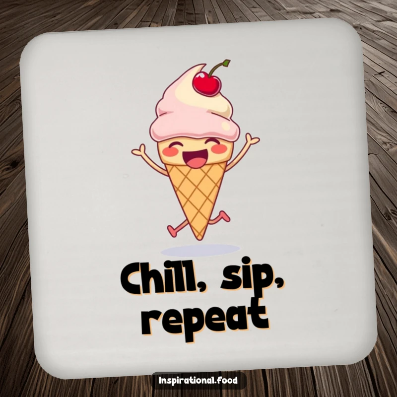 Funny ice cream cone coaster, laughing and doing a silly hop with a bouncing cherry, protects furniture, funny gift.