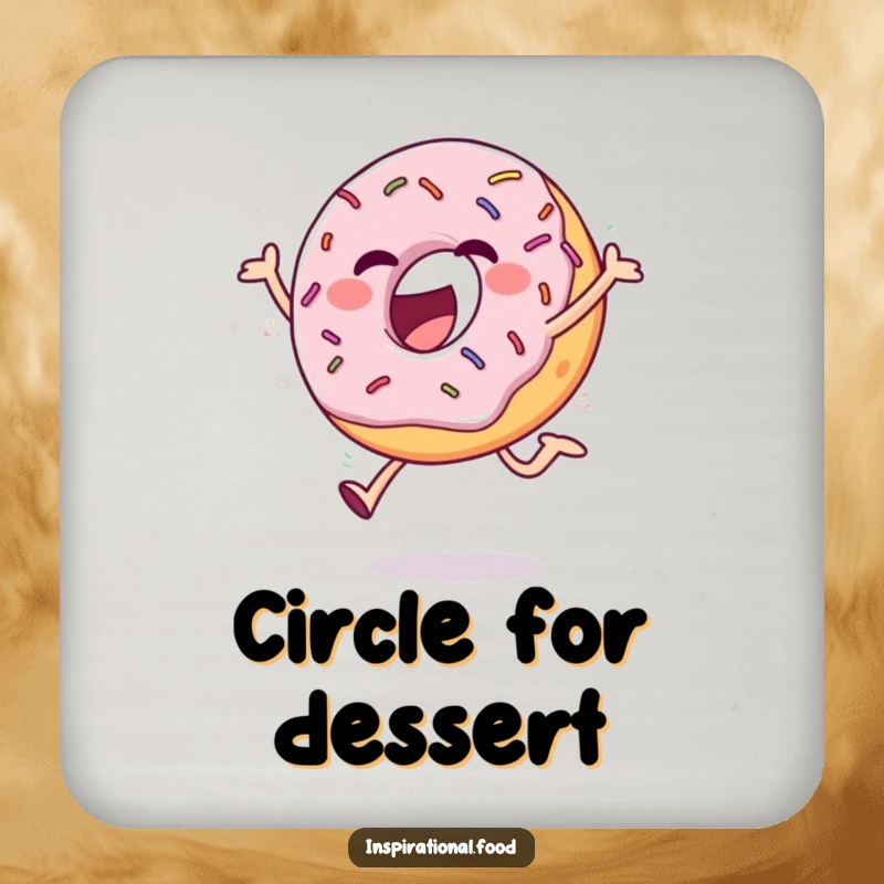 Funny drink coaster with an ecstatic donut and sprinkles doing a cheerful leap, protecting surfaces with humor.
