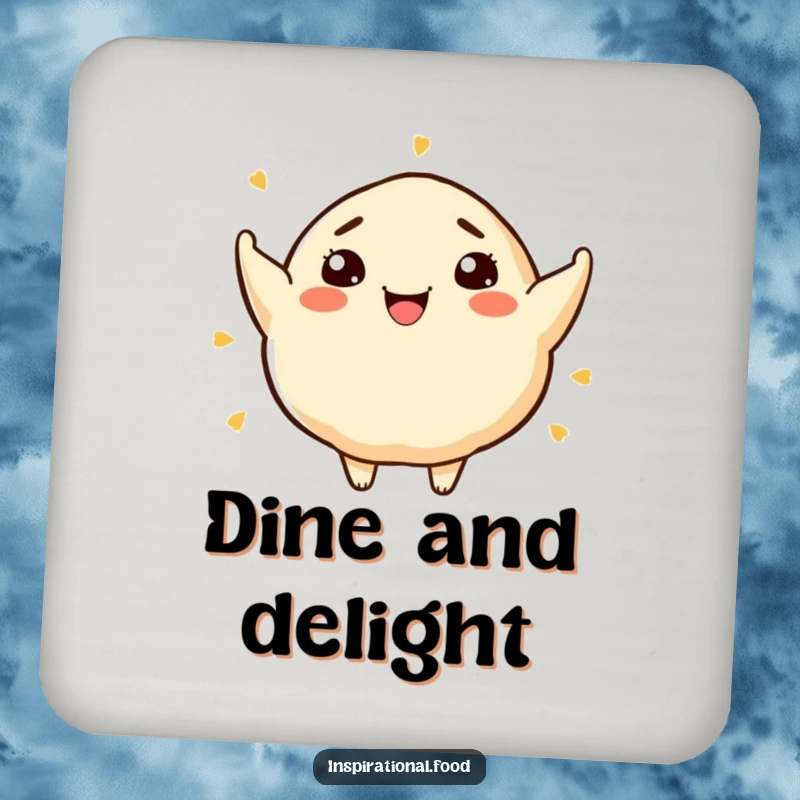 Funny drink coaster depicting a smiling dumpling character bursting with artistic food ideas, protecting surfaces with flair.