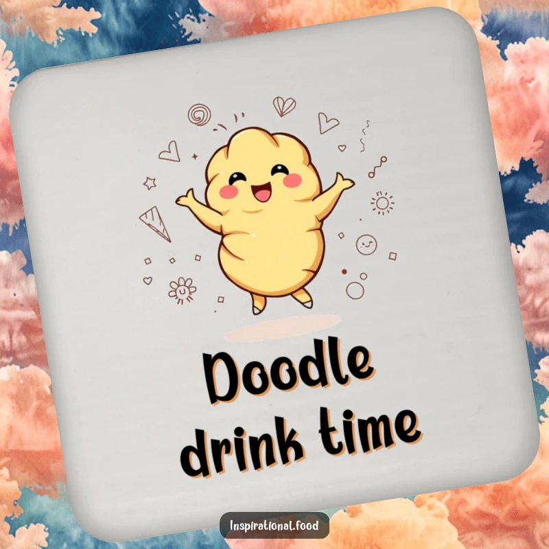 Funny drink coaster with a bubbly croissant character joyfully twirling surrounded by artistic doodles, a humorous and stylish item.