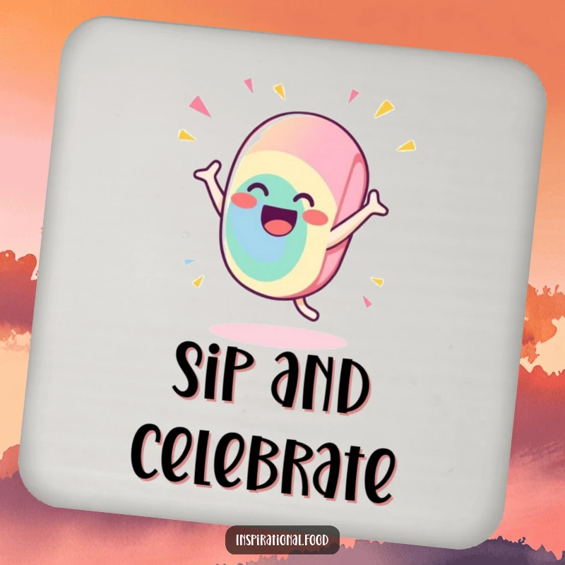 Funny candy drink coaster with a gleeful character doing a flamboyant, celebratory flourish, adding a humorous and protective touch to any table.
