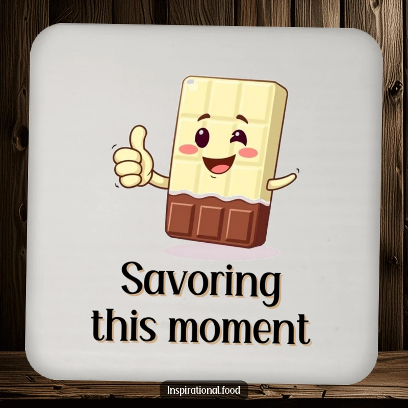 Funny drink coasters featuring a grinning chocolate bar character giving a thumbs up, protecting surfaces with sweet, humorous style.