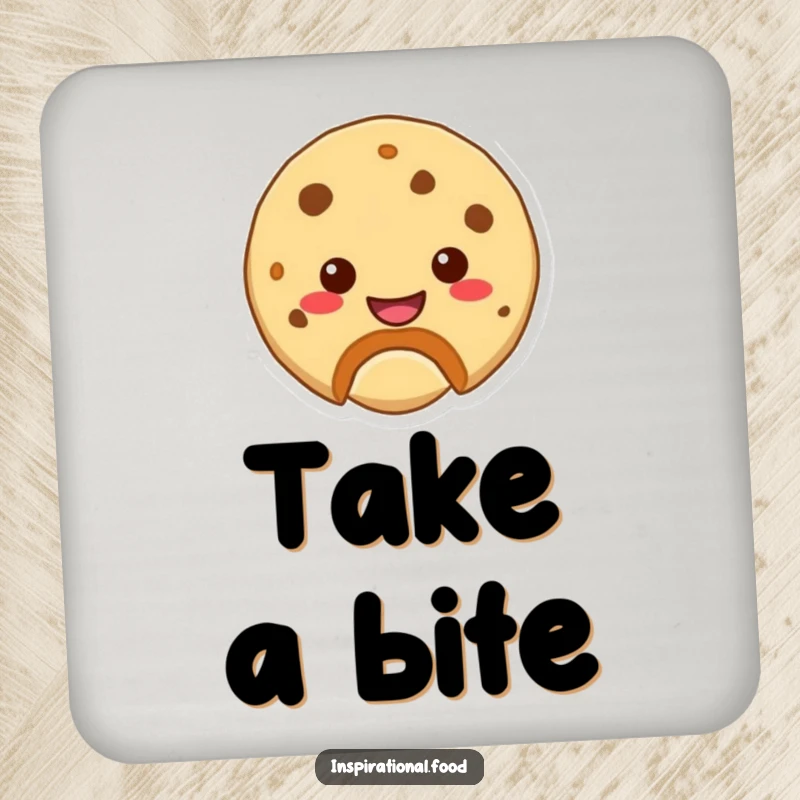 Funny drink coasters featuring a smiling cookie character with a bite mark, protecting surfaces with cheerful style.