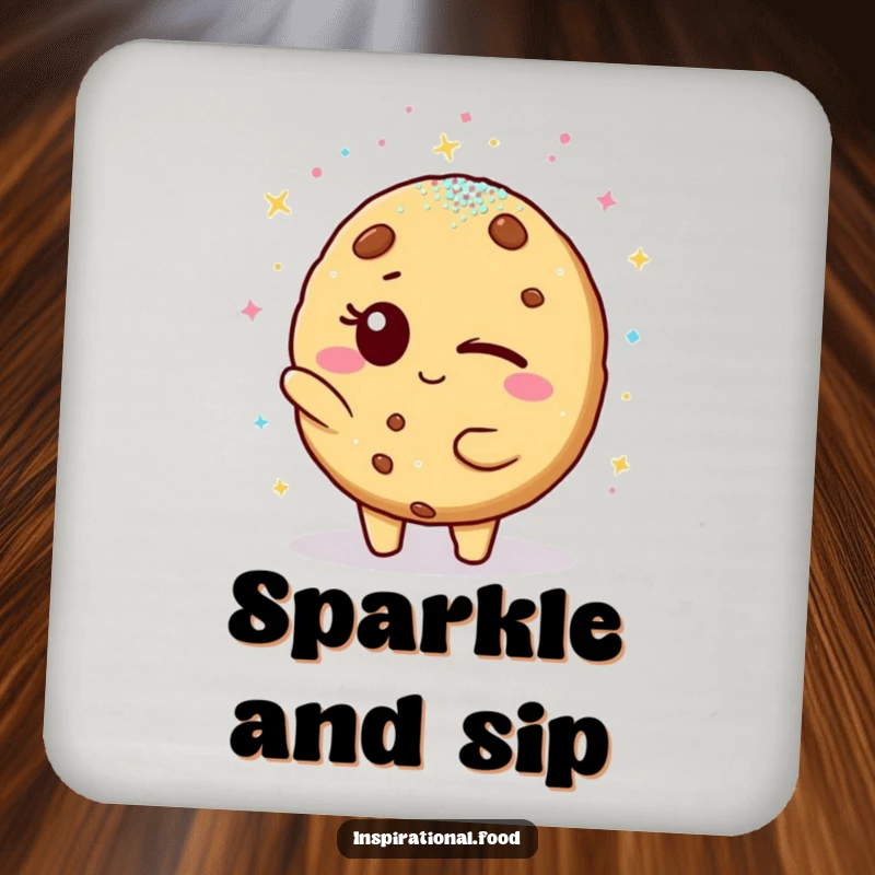 Funny coaster: A winking cookie character showers a friend with edible glitter, adding a touch of humor to drink protection.
