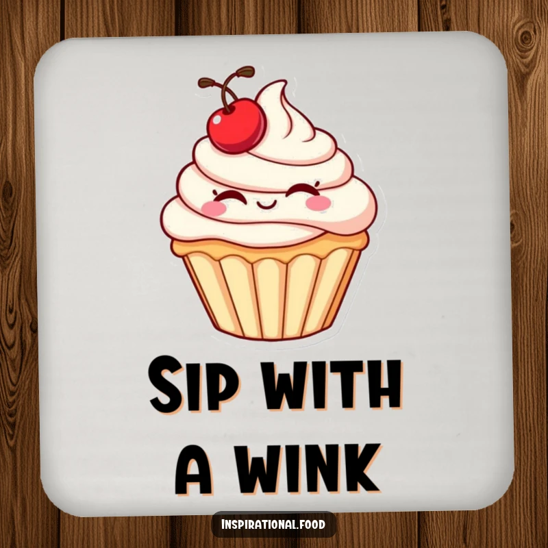 Funny cupcake coaster with a plump character and cherry winking, protecting surfaces with a sweet and humorous design.