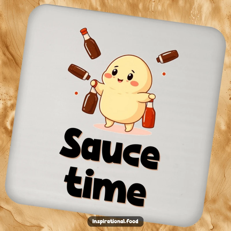 Funny dumpling character juggling miniature soy sauce bottles on a drink coaster, adding cute Asian food humor to any setting.