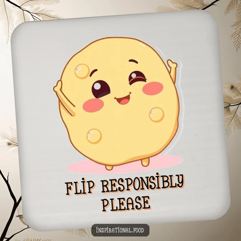 Funny drink coaster featuring a smiling pancake character mid-flip, adding playful breakfast charm and surface protection.