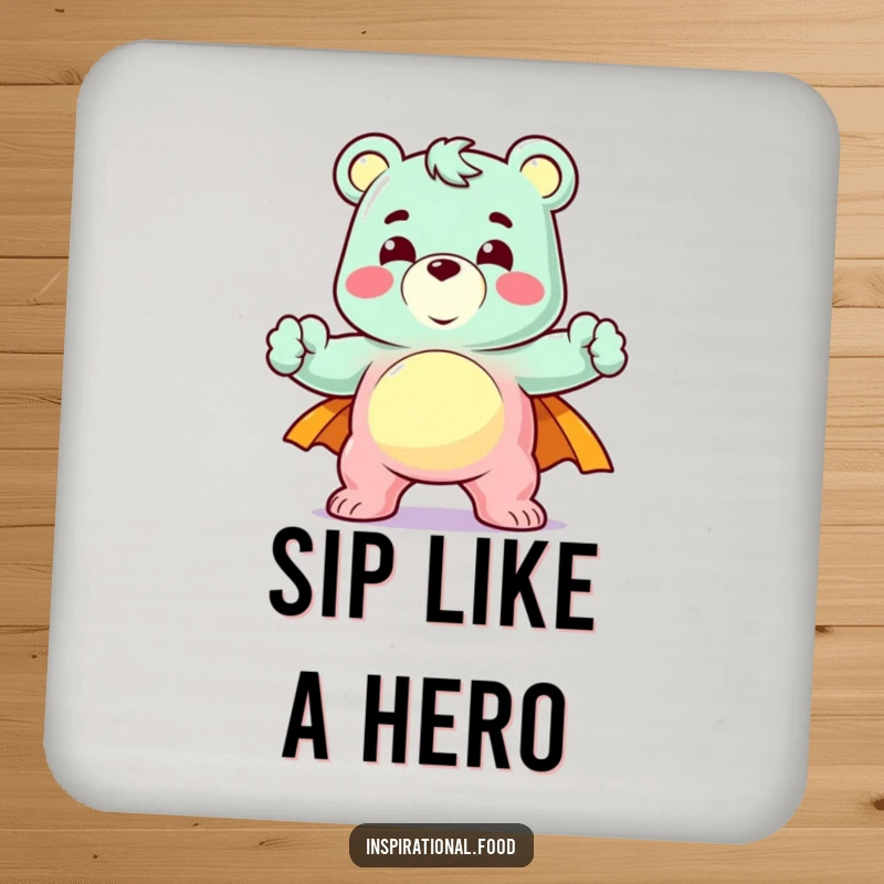 Funny drink coaster showing a delighted gummy bear character in a heroic pose, offering humorous surface protection with sweet bravery.