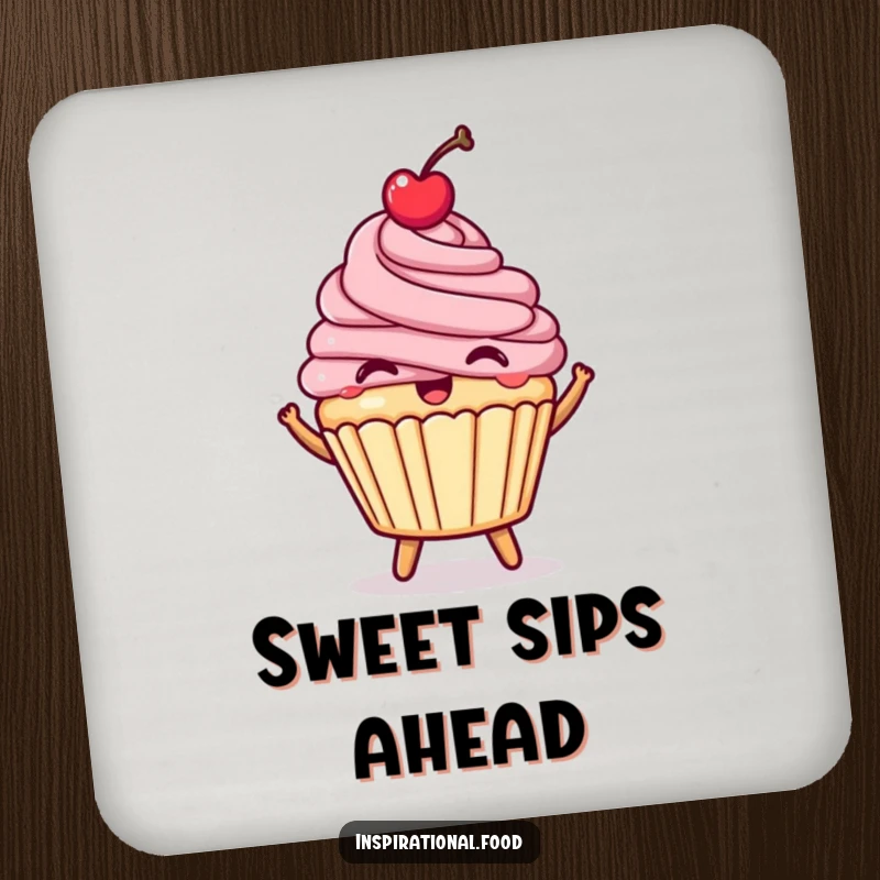 Funny happy cupcake coaster, a bouncing dessert with a cherry, for surface protection.