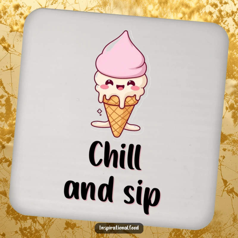 Funny drink coaster with a beaming ice cream cone character melting, protecting surfaces with a sweet and humorous design.