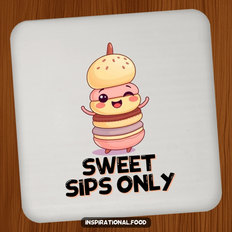 Funny drink coaster showing a cheerful macaron tower in a happy, wobbly spin, offering humorous surface protection for desserts.