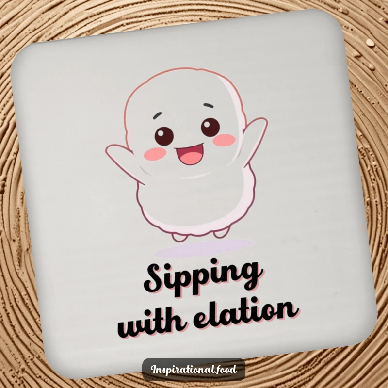 Funny drink coasters featuring a fluffy marshmallow character bouncing with glee, protecting surfaces with bouncy, cheerful style.