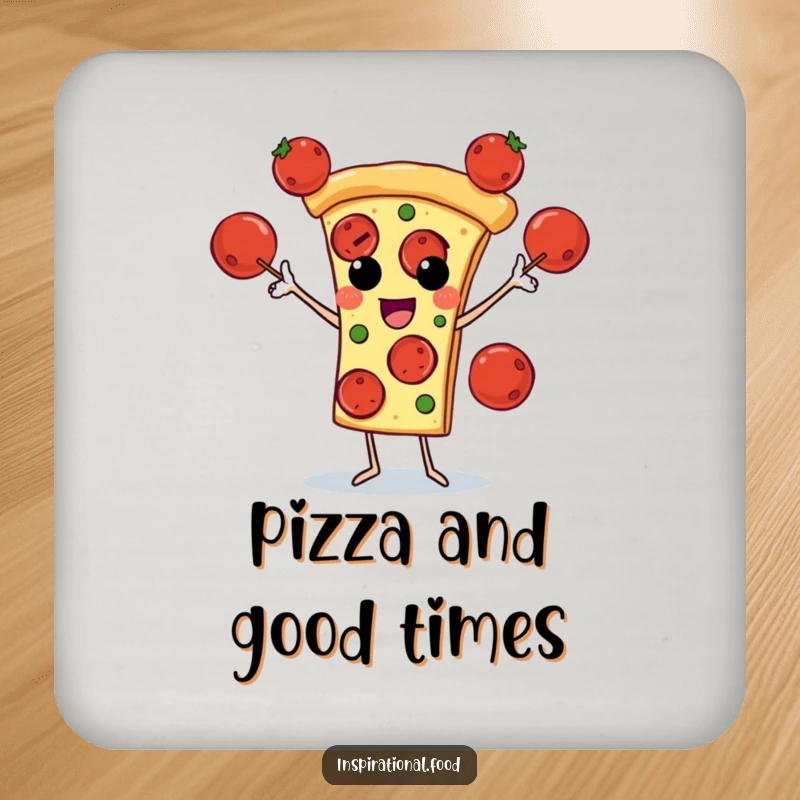 Funny drink coaster showcasing a pizza slice character juggling pepperoni, adding a cheesy twist to beverage settings.