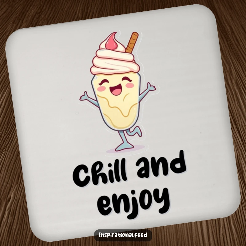 Funny ice cream sundae drink coaster with a joyful character caught mid-dance move, adding a fun and protective touch to any table.