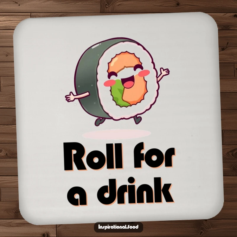 Funny sushi roll with tiny legs skipping design on a coaster, adding joyful protection to surfaces.