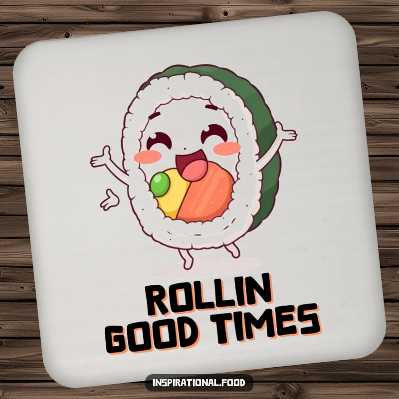 Funny sushi loop coaster, a delighted sushi roll character in a cheerful loop, perfect for adding a touch of food-themed humor to any surface.