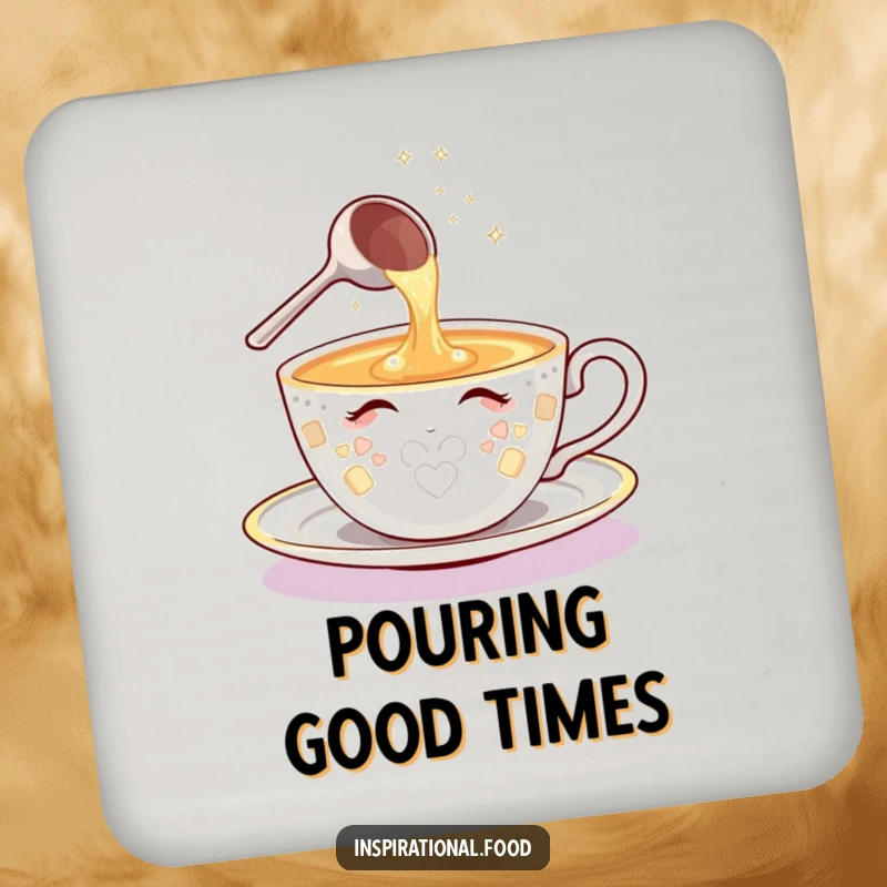 Funny drink coaster with a shining teacup character and sparkling ladle pouring ideas, a humorous and stylish accessory.