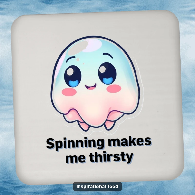 Funny drink coaster with a wobbling jelly character with round eyes, spinning around.