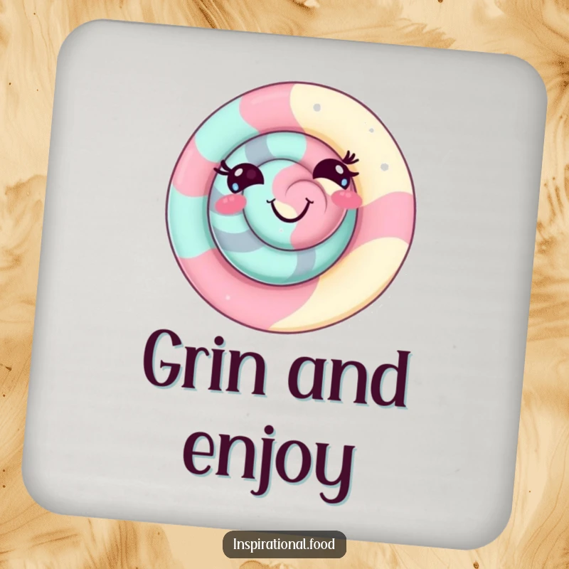 Funny candy swirl coaster featuring a delighted character with a playful grin, perfect for protecting surfaces with sweet candy humor.