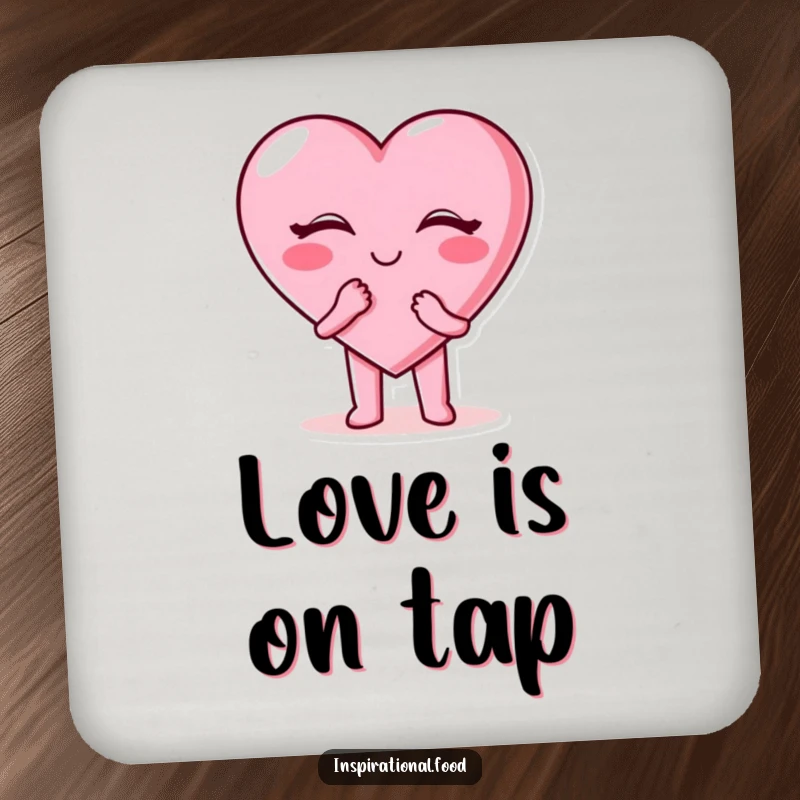 Funny candy heart drink coasters featuring a happy candy heart character blowing a kiss, protecting surfaces with love.
