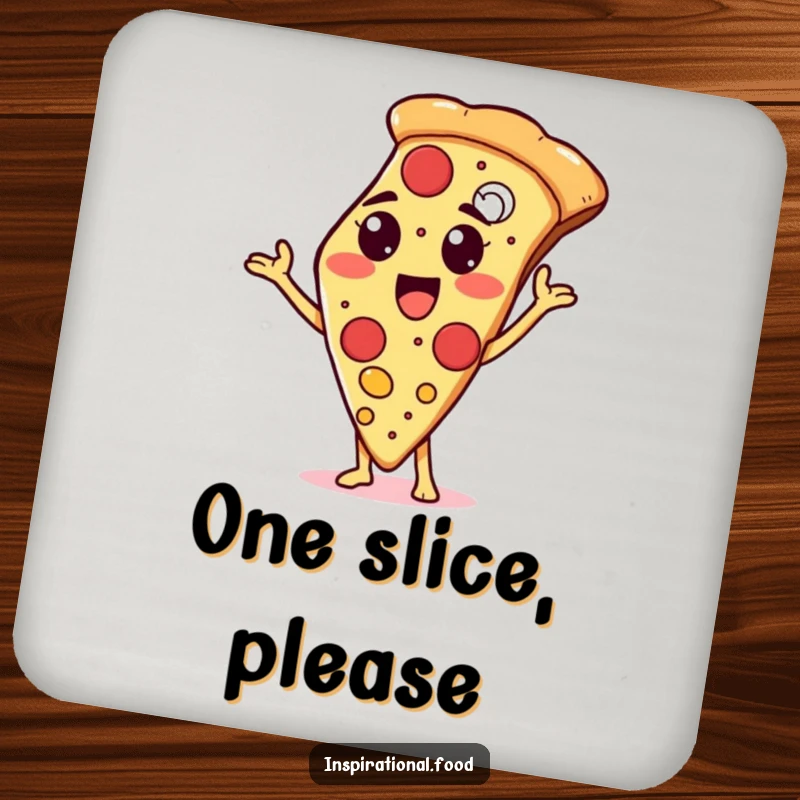 Funny drink coaster with a proud pizza slice character showcasing toppings, protecting surfaces with a delicious and humorous design.