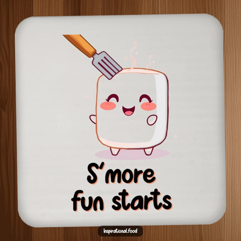 Funny coaster showcasing a cheerful, blushing marshmallow being toasted, offering surface protection with charm.