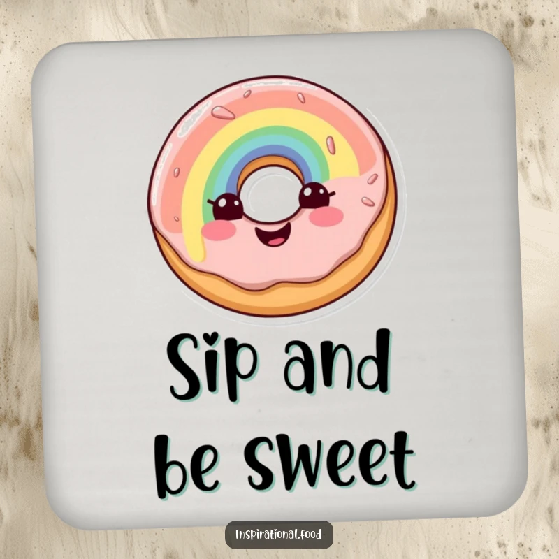 Funny drink coasters featuring a cheerful doughnut character with a colorful rainbow glaze, protecting surfaces with style.