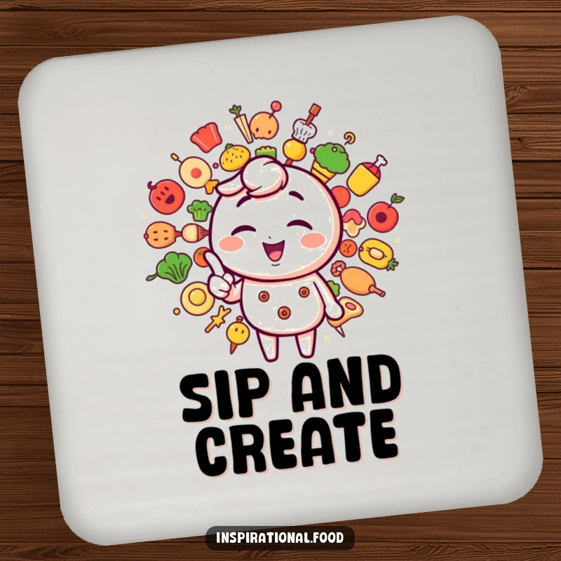 Funny drink coasters featuring a winking character pointing to creative food icons, protecting surfaces with a smile.