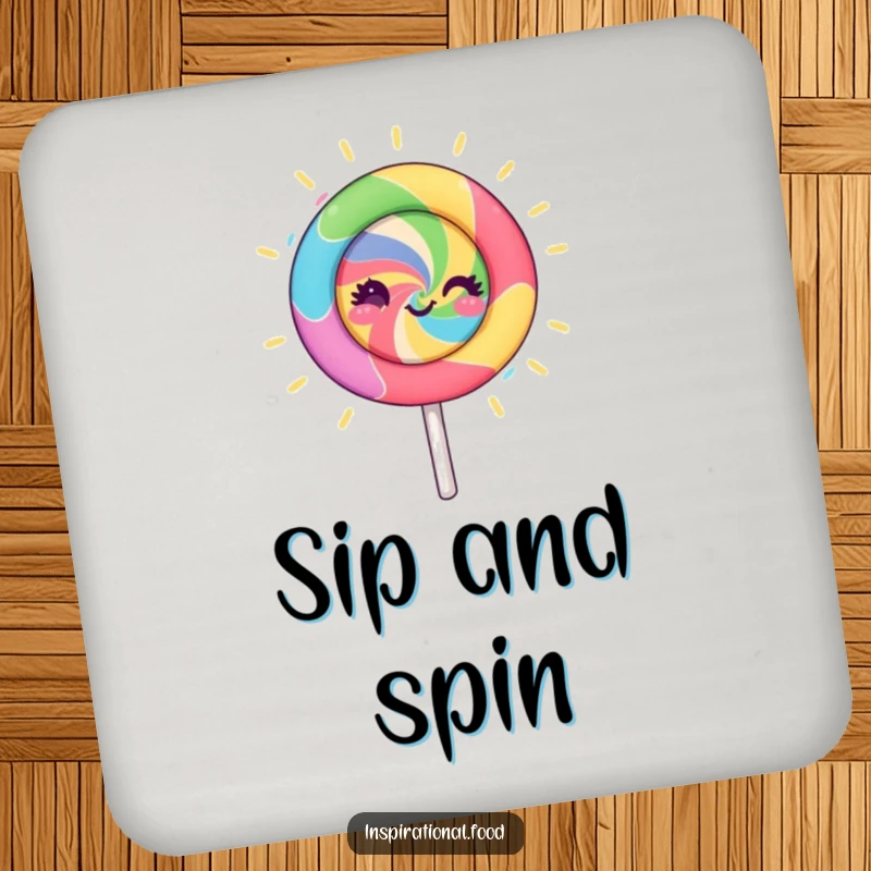 Funny lollipop character coaster, spinning with vibrant colors and creative energy, protecting surfaces with artistic humor and charm.