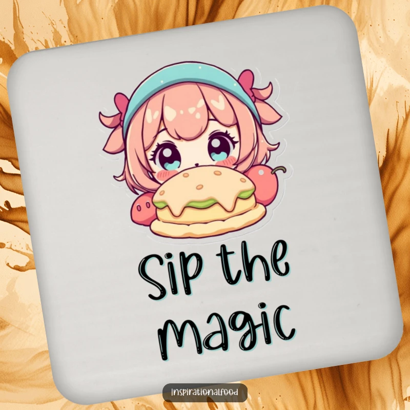 Funny drink coasters depicting a character with wide eyes looking at a fantastical food creation, adding magic to any table.