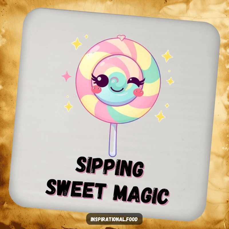 Funny lollipop coaster with a vibrant character emanating sweet sparkles, protecting surfaces with a playful and sweet design.