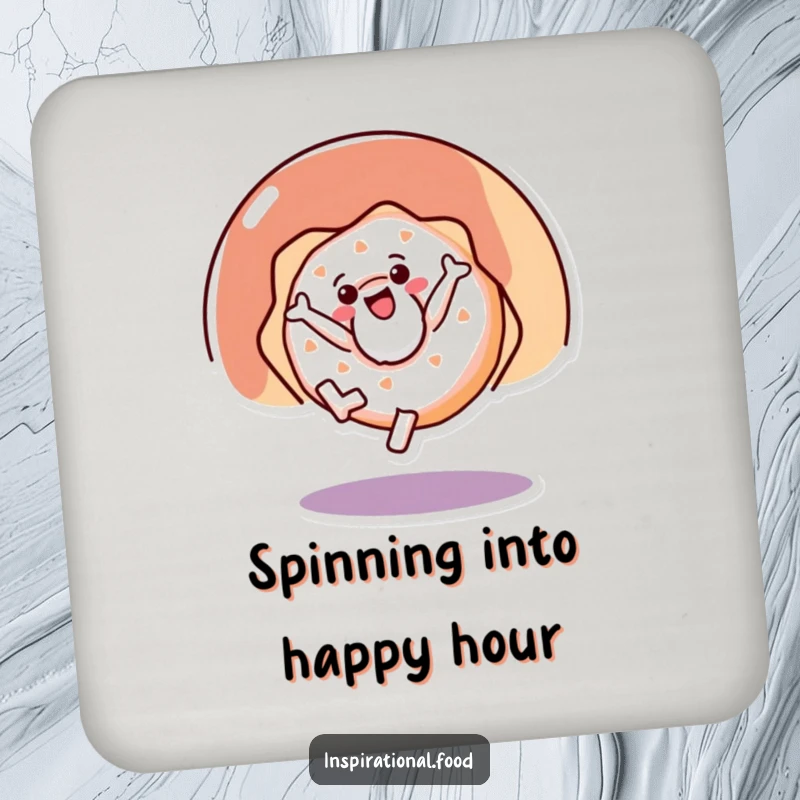 Funny drink coaster featuring a cheerful doughnut character in a cartwheel position, adding a splash of humor to beverages.