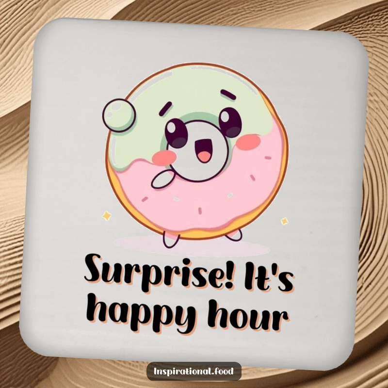 Funny drink coaster with a cheerful donut character with a surprised expression, bouncing a ball.