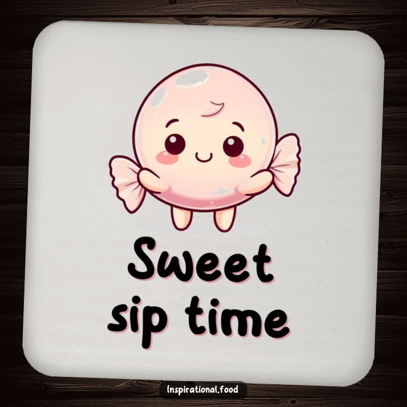 Funny drink coaster featuring a happy candy character with a shimmering wrapper, preventing spills with charm, a practical and funny gift.