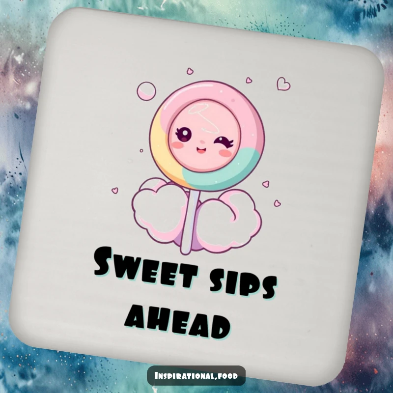 Funny drink coaster featuring a dreamy lollipop character on a cotton candy cloud, adding sweet protection to any table.