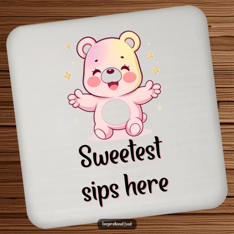 Funny drink coaster featuring a joyful gummy bear character juggling sparkling sugar crystals, protecting surfaces with sweet humor.