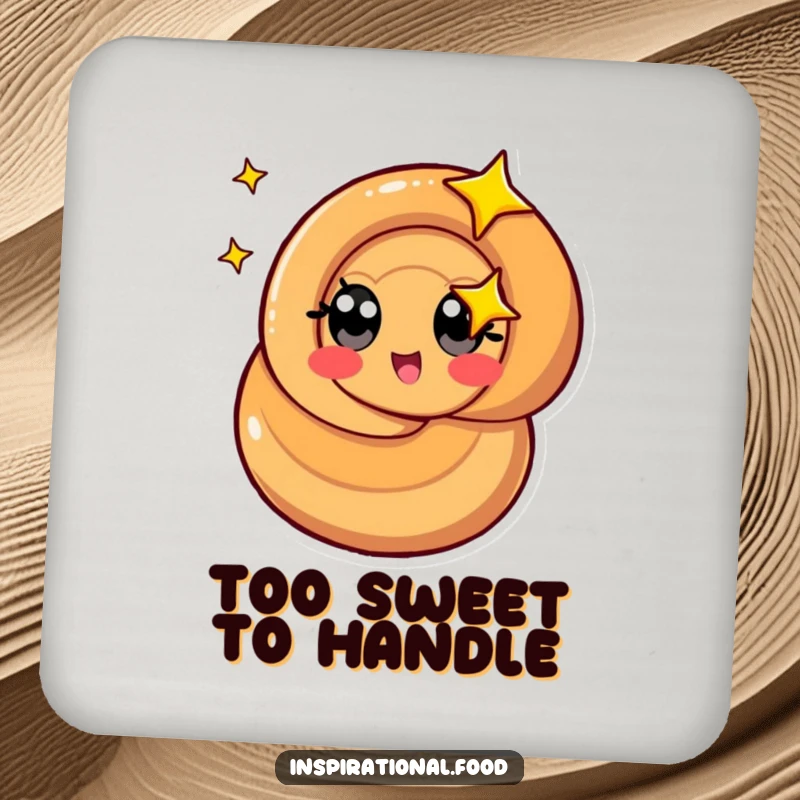 Funny caramel swirl drink coasters featuring a stylized character with starry eyes spinning, protecting surfaces.