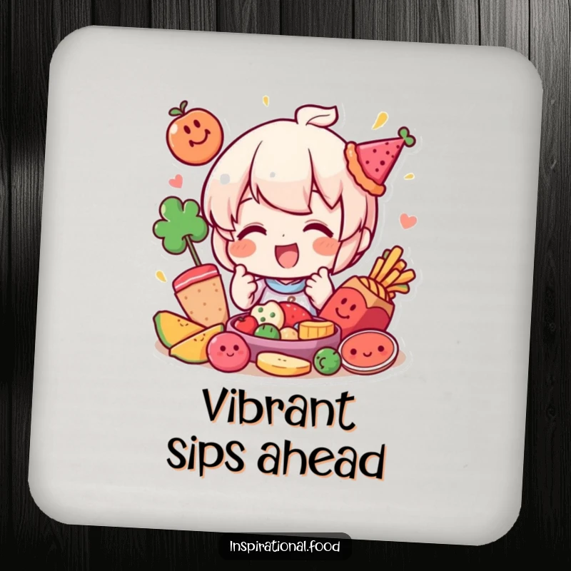 Funny drink coasters depicting a happy character playfully arranging colorful food elements, adding artistic flair to any table.
