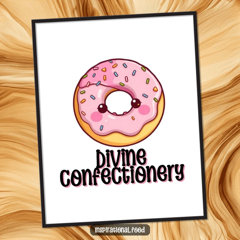 Happy donut character with a halo of shiny sprinkles on a vibrant poster. Sweet decor.