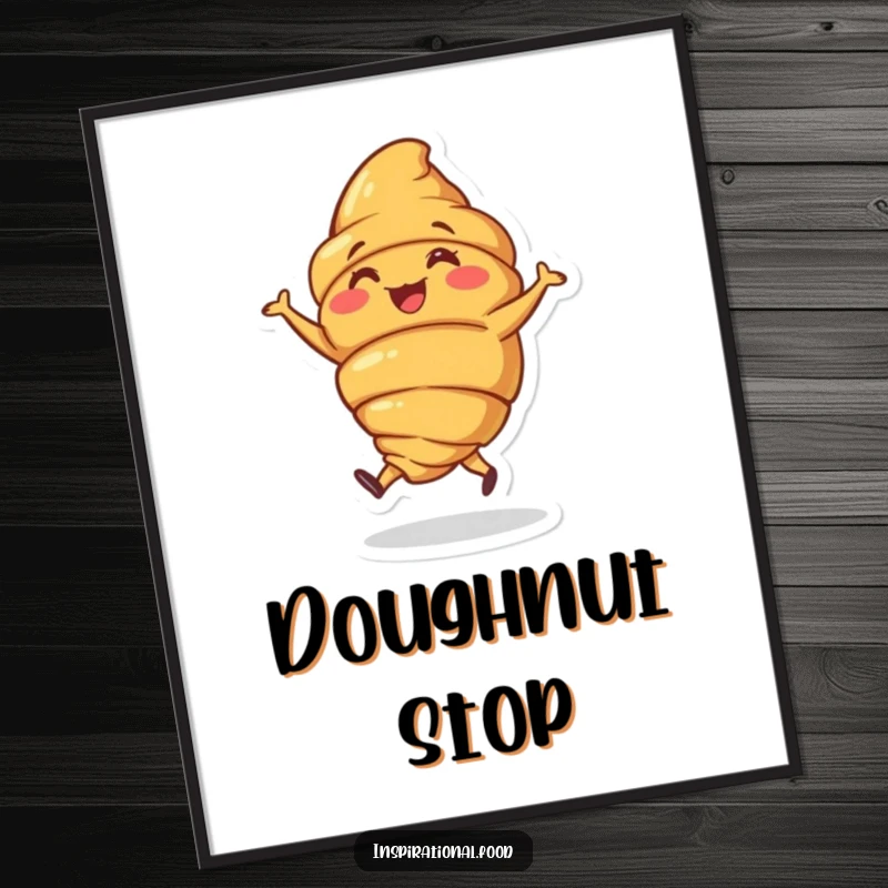 Funny poster of a joyous croissant character doing a little dance, bringing delightful breakfast and pastry humor.