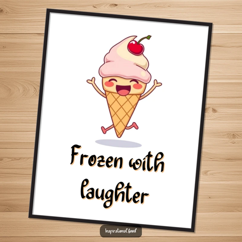 Funny ice cream cone poster, laughing and doing a silly hop with a bouncing cherry, vibrant and humorous wall art, funny gift.