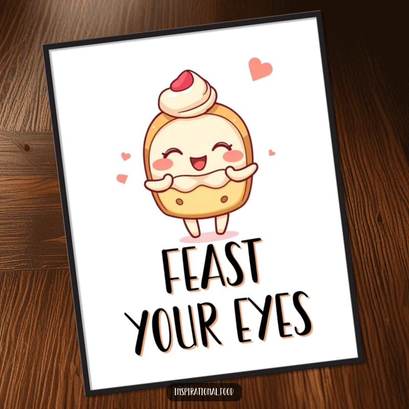 Funny poster depicting a blushing pastry character joyfully sharing delightful food imagery, perfect for adding warmth and humor.
