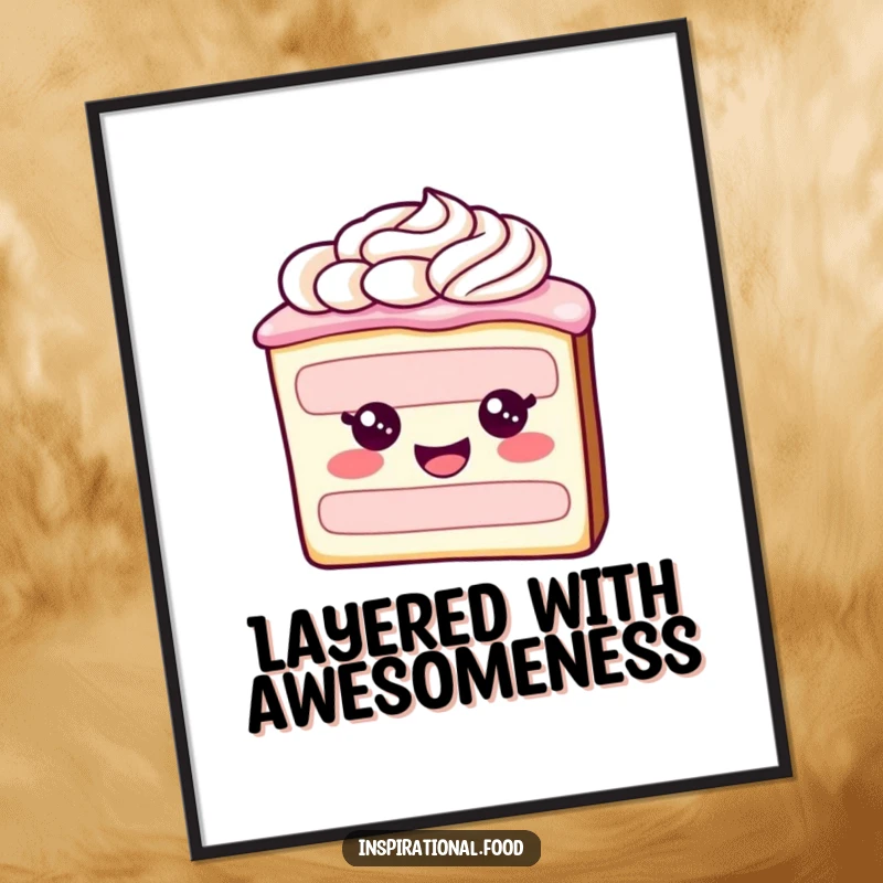 Funny poster showing a happy slice of cake with dynamic frosting swirls, bringing a sweet and artistic touch to any room.